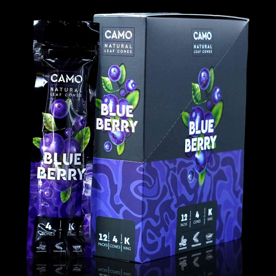 Close up of Camo Cones display box in blueberry flavor