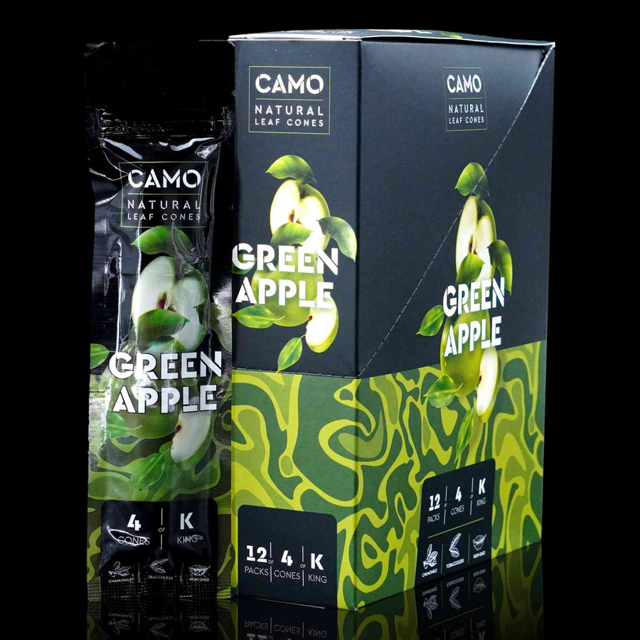Close up of Camo Cones display box in green apple flavor