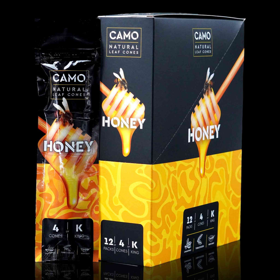 Close up of Camo Cones display box in honey flavor