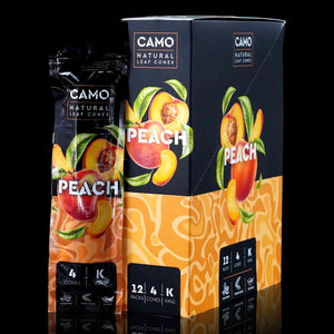 Close up of Camo Cones display box in peach flavor