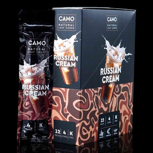 Close up of Camo Cones display box in Russian cream flavor