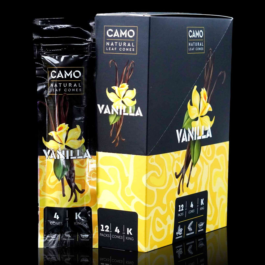Close up of Camo Cones display box in vanilla flavor