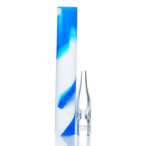 Close up of Rhino Flip nectar collector in the blue and white color way showing the pyrex glass tip.