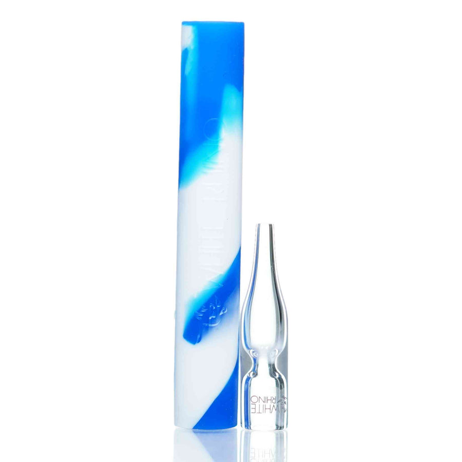 Close up of Rhino Flip nectar collector in the blue and white color way showing the pyrex glass tip.