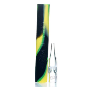 Close up of Rhino Flip nectar collector in the green and black color way showing the pyrex glass tip