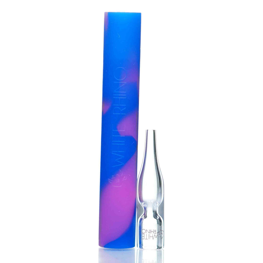 Close up of Rhino Flip nectar collector in the blue and purple color way showing the pyrex glass tip