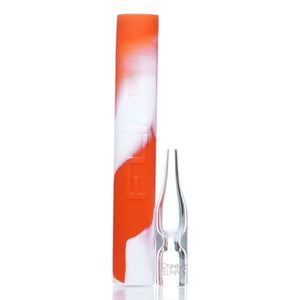 Close up of Rhino Flip nectar collector in the red and white color way showing the pyrex glass tip